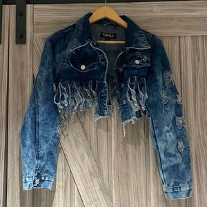 Cropped fringe jean jacket